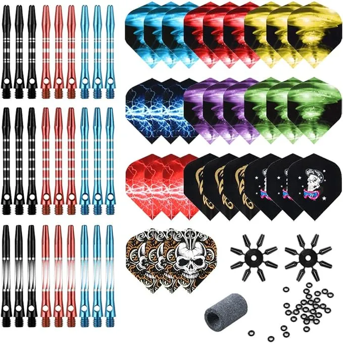 Dart Accessories Kit Including Aluminum Dart shafts,Dart Flights, Flight Savers, Sharpener, O-Rings -Bulk Pack of 104 Pieces