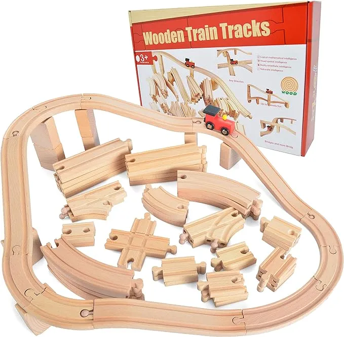 Joyin 62 Pieces Wooden Train Track Expansion Set + 1 Bonus Toy Train