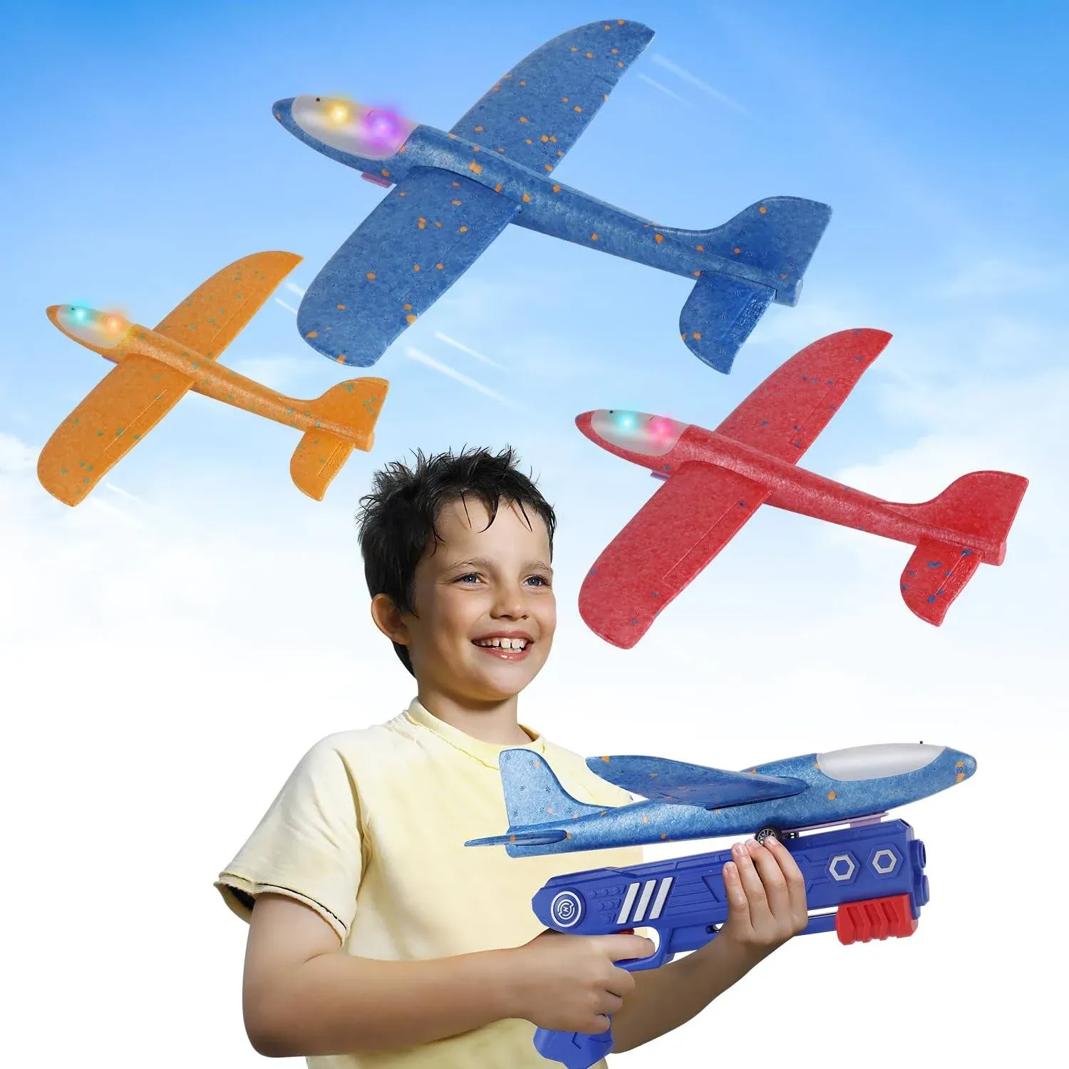 3 Pack Airplane Launcher Toys, 2 Flight Modes LED Foam Glider Catapult Plane Toys for Boys, Outdoor Toys for Boys Girls 3 4 5 6 7 8 9 10 11 12 Year Old … (3 Color)