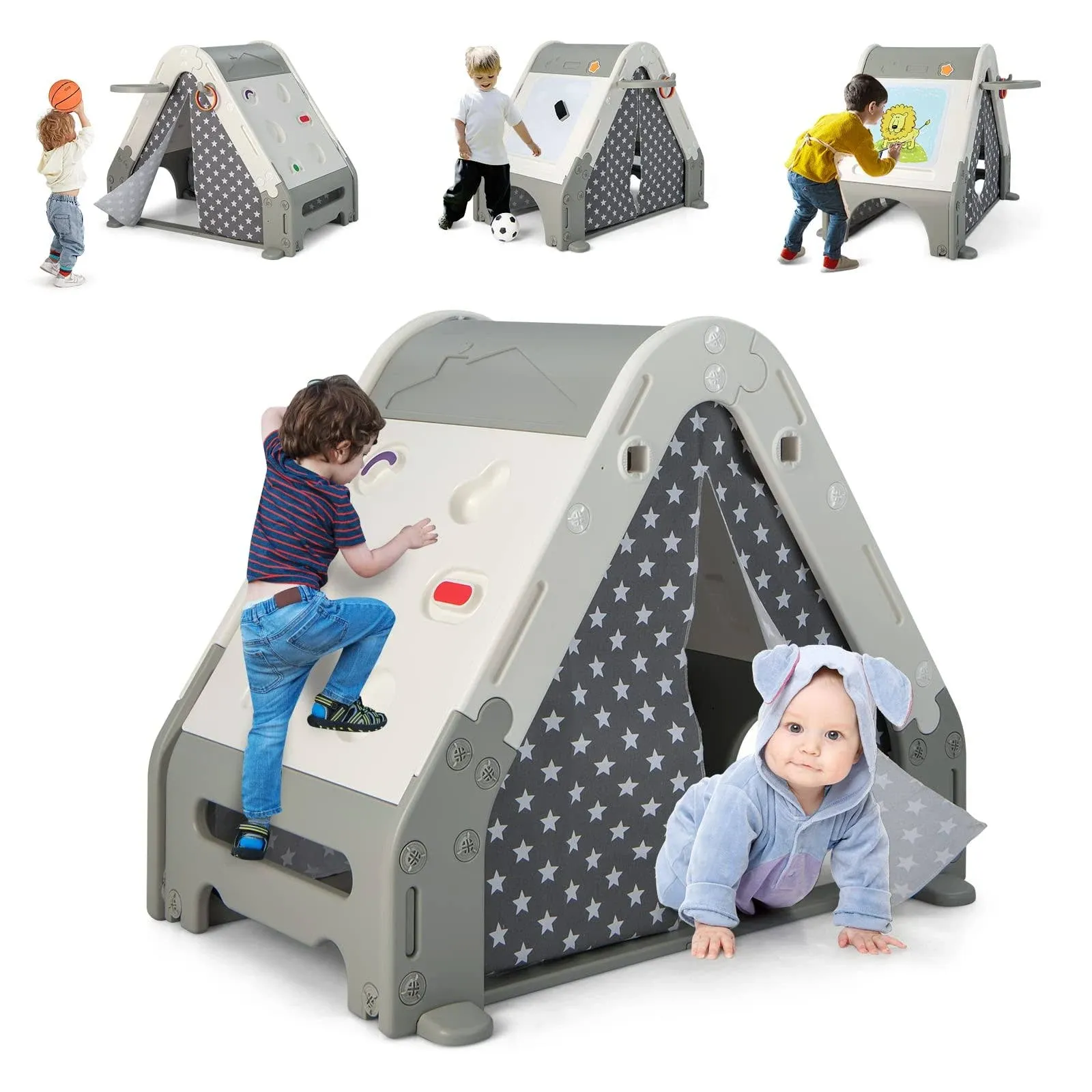 INFANS Triangle Climber with Tent, Kids Hideaway Play Tent with Art Easel, Rock Wall Climbing, Waterproof Tent Cover, Crawling Tunnel Toy Activity Play Set for Toddlers Indoor Outdoor …