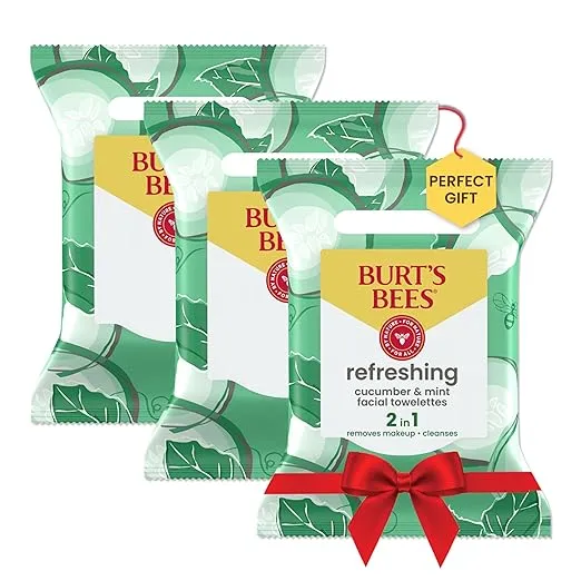 Burt's Bees Cucumber & Mint Face Wipes, for All Skin Types, Refreshing Makeup Remover & Facial Cleansing Towelettes, 30 Ct. (3-Pack)