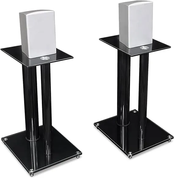 Mount-It! Floor Speaker Stands for Bookshelf Speakers and Surround Sound Home Theaters, 18 Inch High, 22 Lbs Capacity, Tempered Glass and Aluminum, Clear and Silver, One Pair