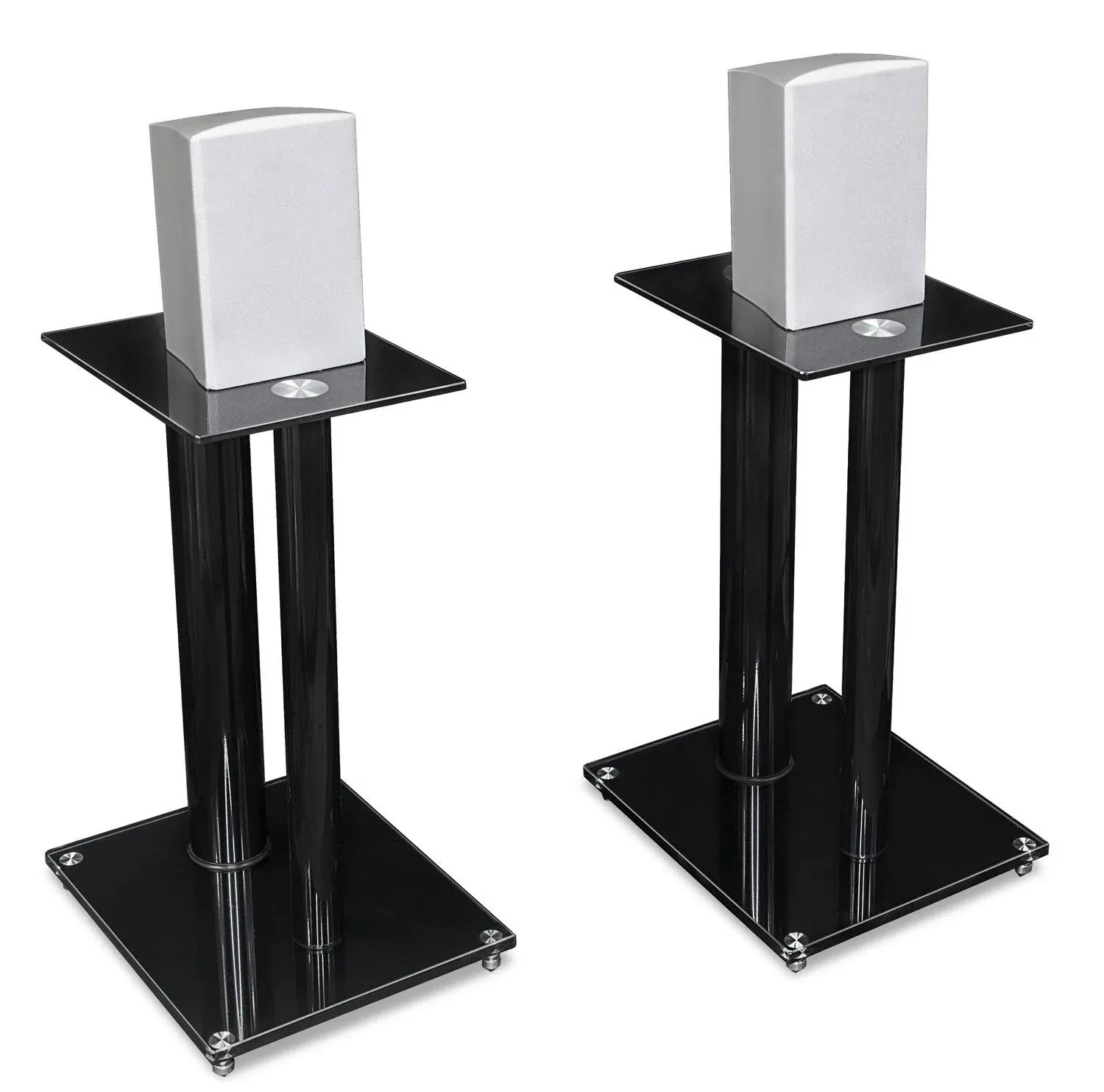 Mount-It! Floor Speaker Stands for Bookshelf Speakers and Surround Sound Home Theaters, 18 Inch High, 22 Lbs Capacity, Tempered Glass and Aluminum, Clear and Silver, One Pair