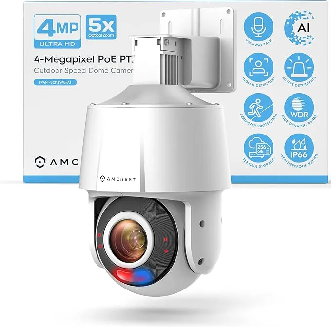 Amcrest 4MP Outdoor PTZ PoE Ai IP Camera Pan Tilt Zoom Security Speed Dome, 5X Motorized Optical Zoom, Human Detection, 98ft Night Vision, Tripwire