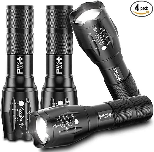 PeakPlus LED Flashlights High Lumens, Tactical Flash Lights [4 Pack] - Super Bright Waterproof Zoomable 5 Modes - Powerful Handheld Flashlights for Emergencies, Camping, Outdoor, Dog Walking