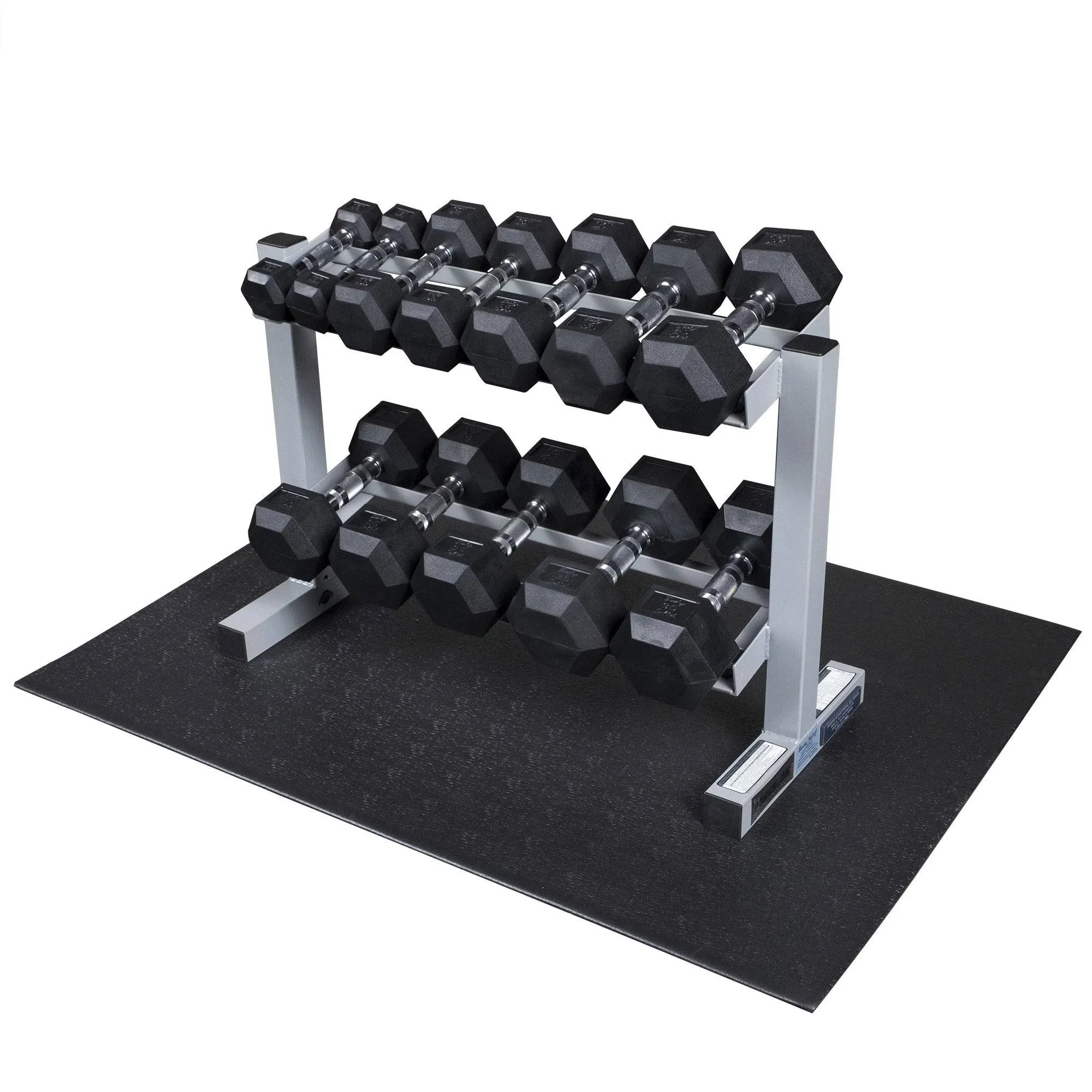 Body-Solid Rubber Dumbbell Set with 3 Shelf Rack and Vinyl Mat - 5-50lbs