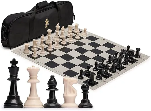 Yellow Mountain Imports Regulation Tournament Roll-Up Staunton Chess Game Set (19.75-Inch) with Travel Bag, 2 Extra Queens, and Weighted Chessmen - Black