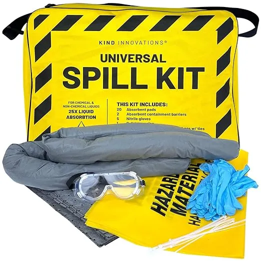 KIND Innovations Universal Spill Kit Oil and Water Based Absorption 33 Piece Kit Off-Roading Spill Kit Biohazard Spill kit Chemical Spill kit Oil Spill kit Urine Vomit Clean up kit BloodKIND Innovations Universal Spill Kit Oil and Water Based Absorption 