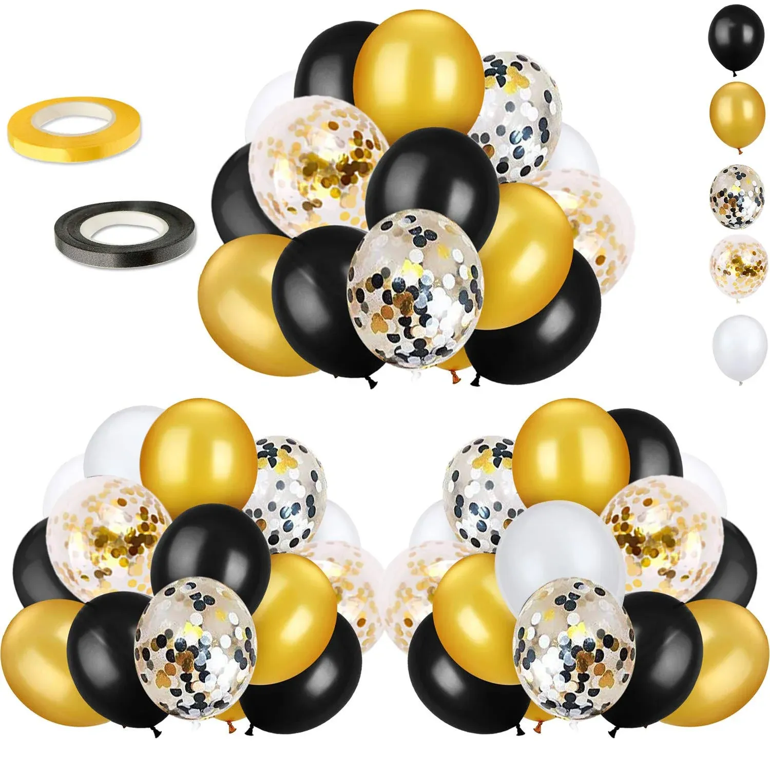 72 Pack Black Gold Confetti Balloons Kit, 12 Inch Black Gold White Balloons and Gold Confetti Balloons with Balloon Ribbons for Graduation Birthday Wedding Baby Shower Party Decorations