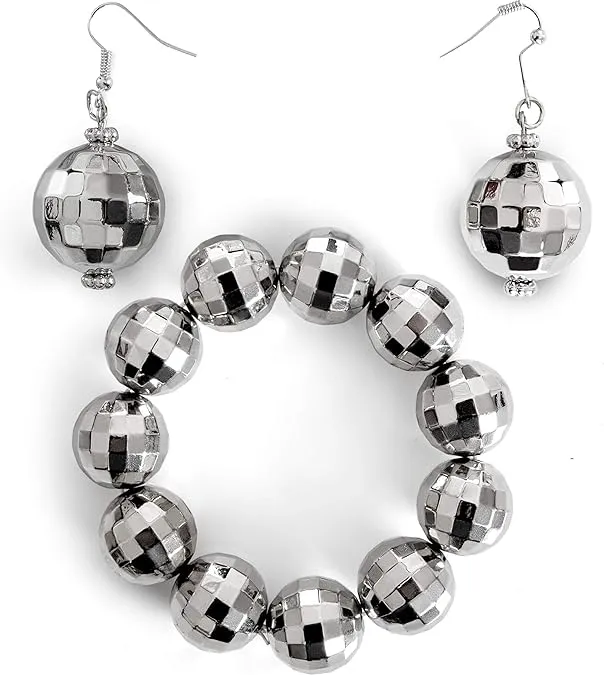 Skeleteen Disco Ball Jewelry Set - 1970s Silver Diva Mirror Balls Costume Bracelet and Earrings Rave Accessories Set for Women