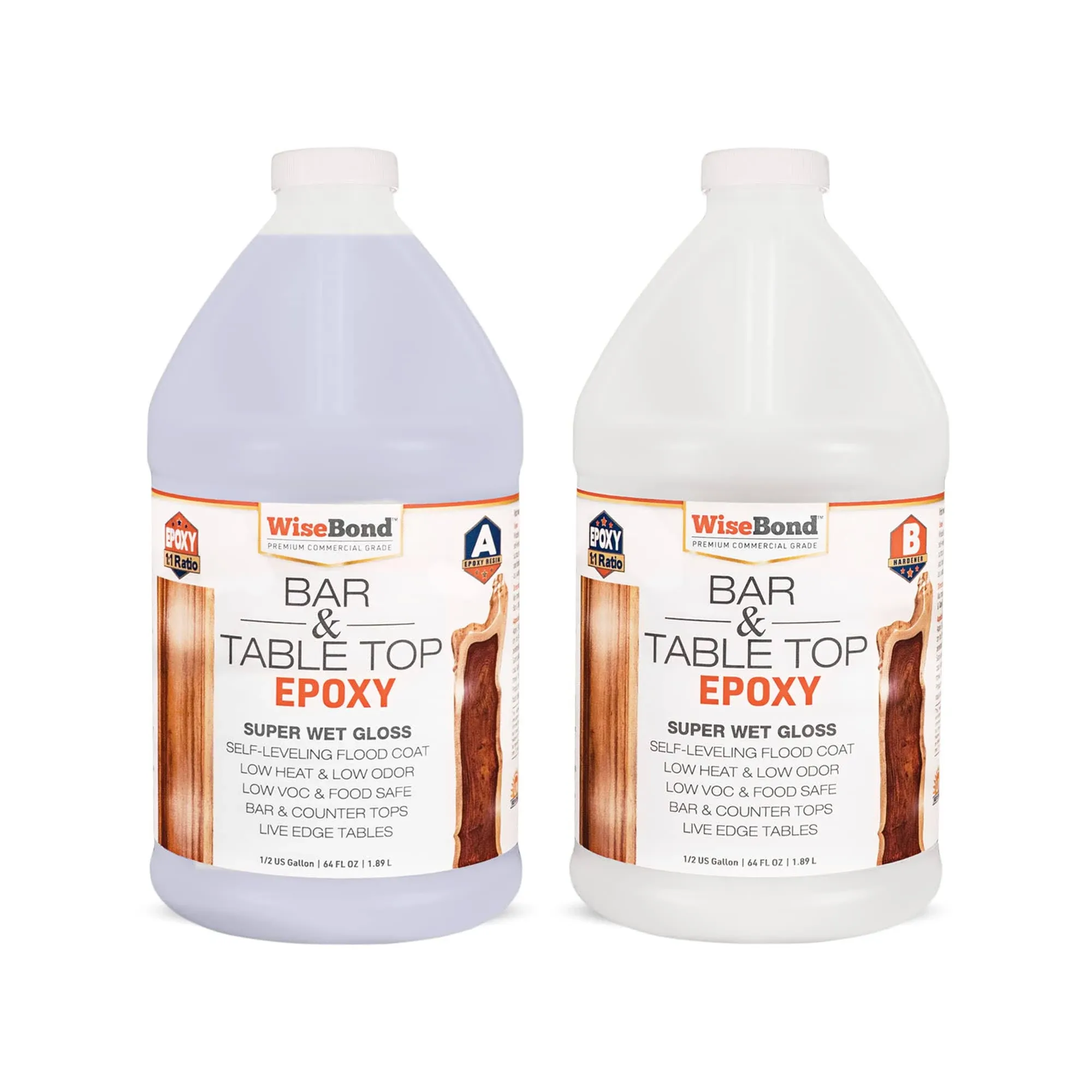 WiseBond - Clear Table Top Epoxy Resin Kit, Crystal Clear Epoxy Resin Kit for Countertops, Bars & Tables, 2 Part Epoxy with 1:1 Ratio Clear Epoxy Resin, Food Safe Epoxy, 1 Gallon Kit