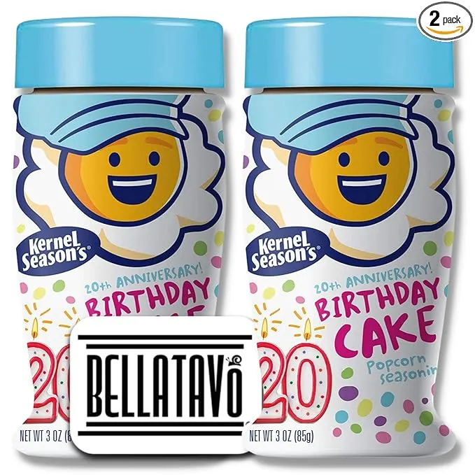 Birthday Cake Popcorn Seasoning Bundle. Includes 2-3.0 Oz Bottles of Kernel Seasons Birthday Cake Popcorn Seasoning! This Popcorn Seasoning is Gluten Free! Comes With a BELLATAVO Fridge Magnet!