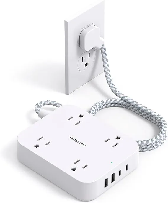 Flat Plug Extension Cord, 5ft Power Strip with 4 USB Ports(2 USB C), 4 Widely Outlets Extender, Wall Mount, Desk Charging Station for Office, School, Travel and Dorm Room Essentials, ETL Listed