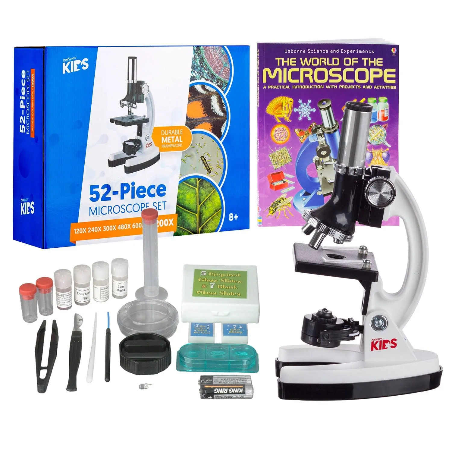 AmScope - 1200X 52-pcs Kids Student Beginner Microscope Kit with slides