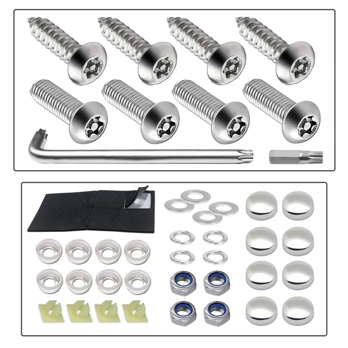 Anti Theft License Plate Screws Kits- Rustproof Stainless Steel Car Tag Plate Mounting Hardware, M6 (1/4") Tamper Proof Screws, Fastener Nut, Caps Cover for Front Rear Frame Holder Mounting