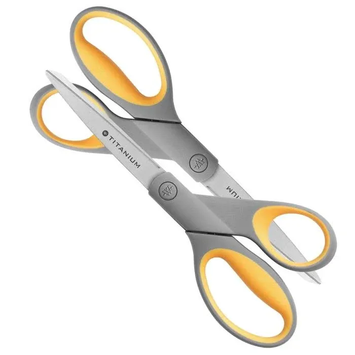 Westcott 13901 8-Inch Titanium Scissors for Office and Home, Yellow/Gray, 2 Pack