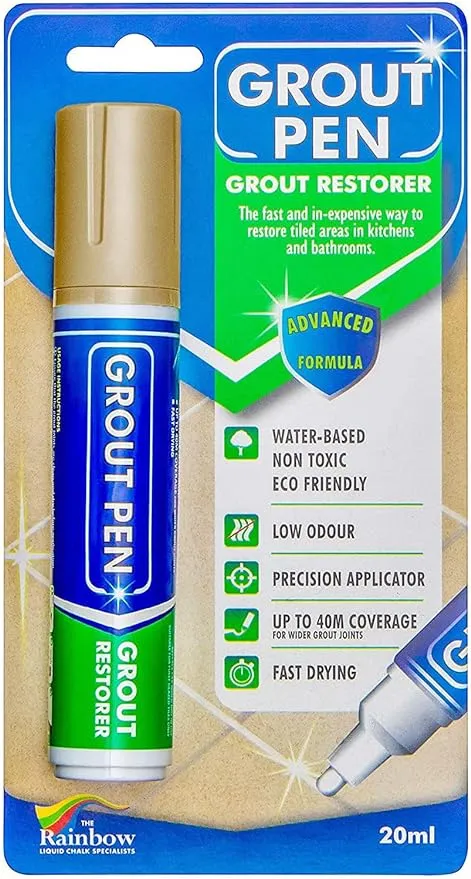 Grout Pen Beige Tile Paint Marker: Waterproof Grout Paint, Tile Grout Colorant and Sealer Pen - Beige, Wide 15mm Tip (20mL)