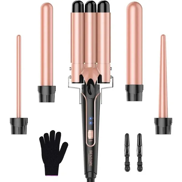 Waver Curling Iron Wand, BESTOPE PRO 5 in 1 Curling Wand Set with 3 Barrel Hair Crimper for Women, Fast Heating Hair Wand Curler in All Hair Type