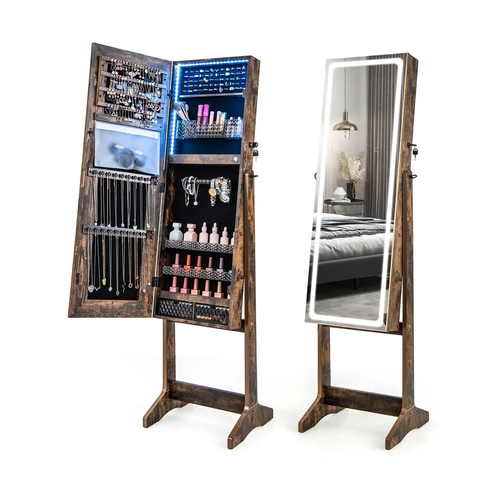 Costway Lockable Jewelry Armoire with Lighted Full-Length Mirror