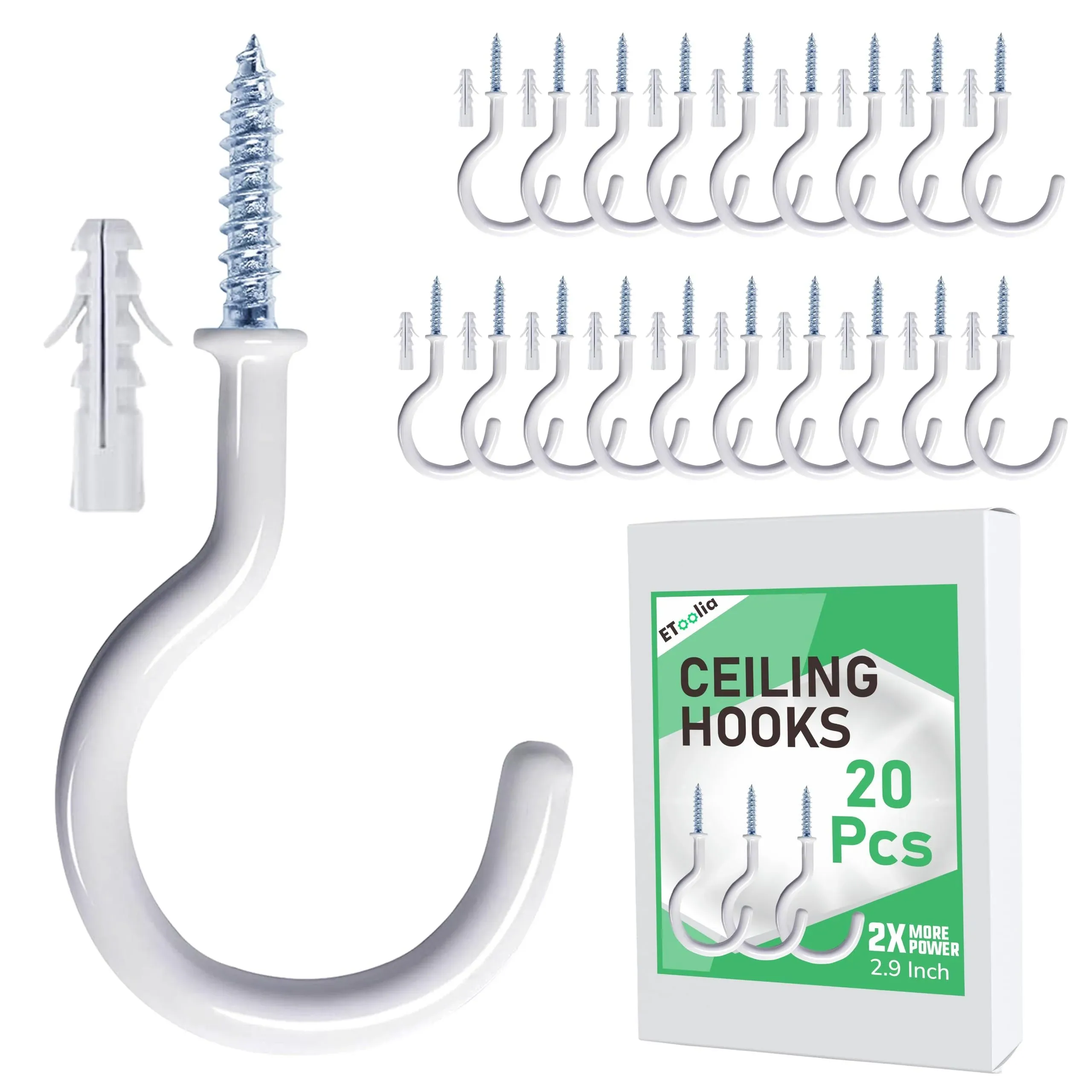 20 Pcs Ceiling Hooks for Hanging Plants - 2.9 inches Heavy Duty, Hanging Hooks for Christmas Lights, Cups, Decors - White Vinyl Coated Screw in Plant Hanger Hook Indoor and Outdoor