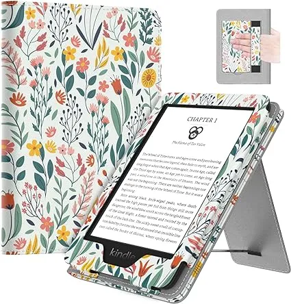 MoKo Case Fits All-new 6" Kindle(11th Generation, 2024/2022 Release)/Kindle(10th Gen,2019)/Kindle(8th Gen,2016), Ultra Lightweight PU Shell Cover with Auto Wake/Sleep for Kindle 2024, Blue Leaf Flower