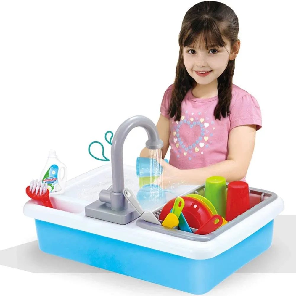 Kids Role Play Kitchen Sink with Running Water - 20 Piece Electric Dishwashing Toy with Working Faucet, Dish Rack, Plastic Dishes, Sponge, Brush and Pretend Dish Soap