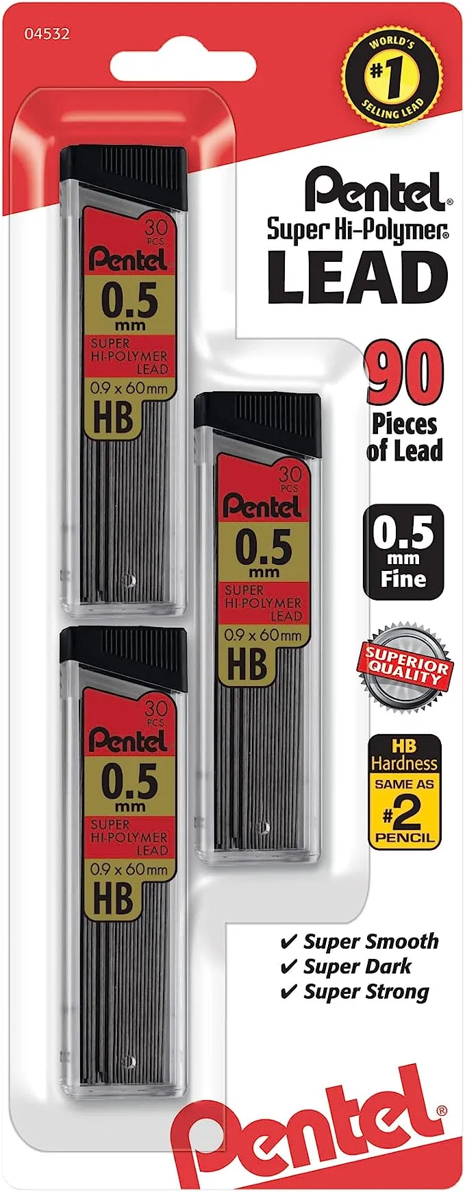 Pentel C25BPHB3K6 Super Hi-Polymer Lead Refills, 0.5mm, HB, Black, 30/Tube, 3 Tubes/Pack