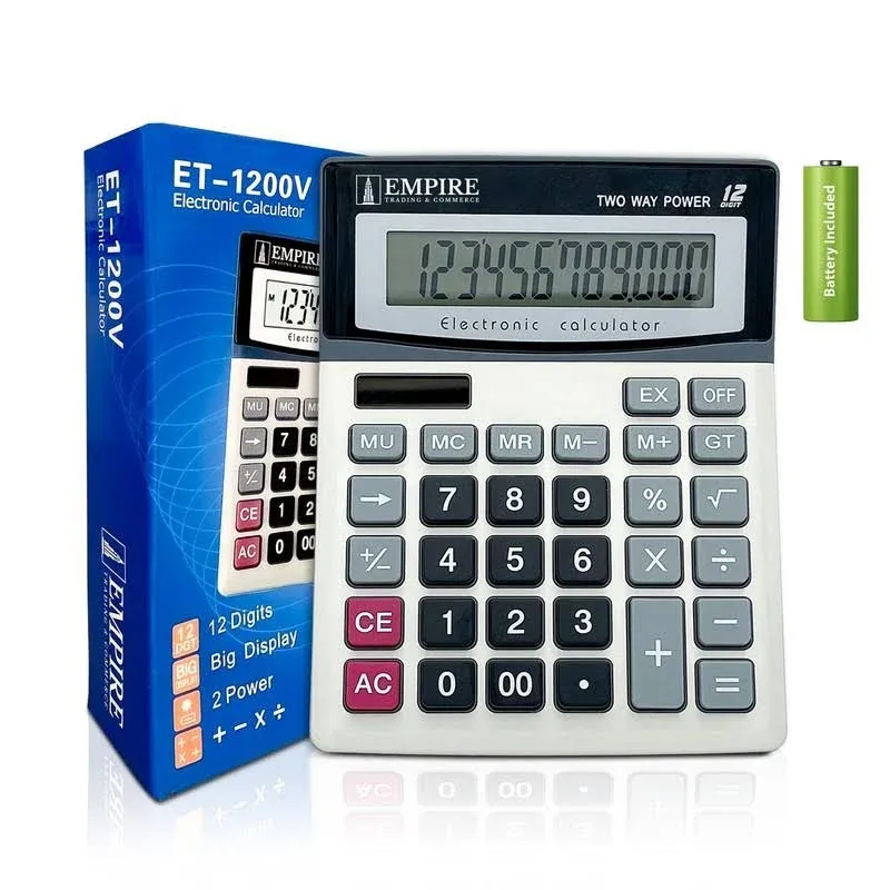 Empire Desk Calculator with Large Key Buttons, 12 Digits, Large Eye-Angled Display, Solar and Battery Powered for Home and Office (Battery Included)