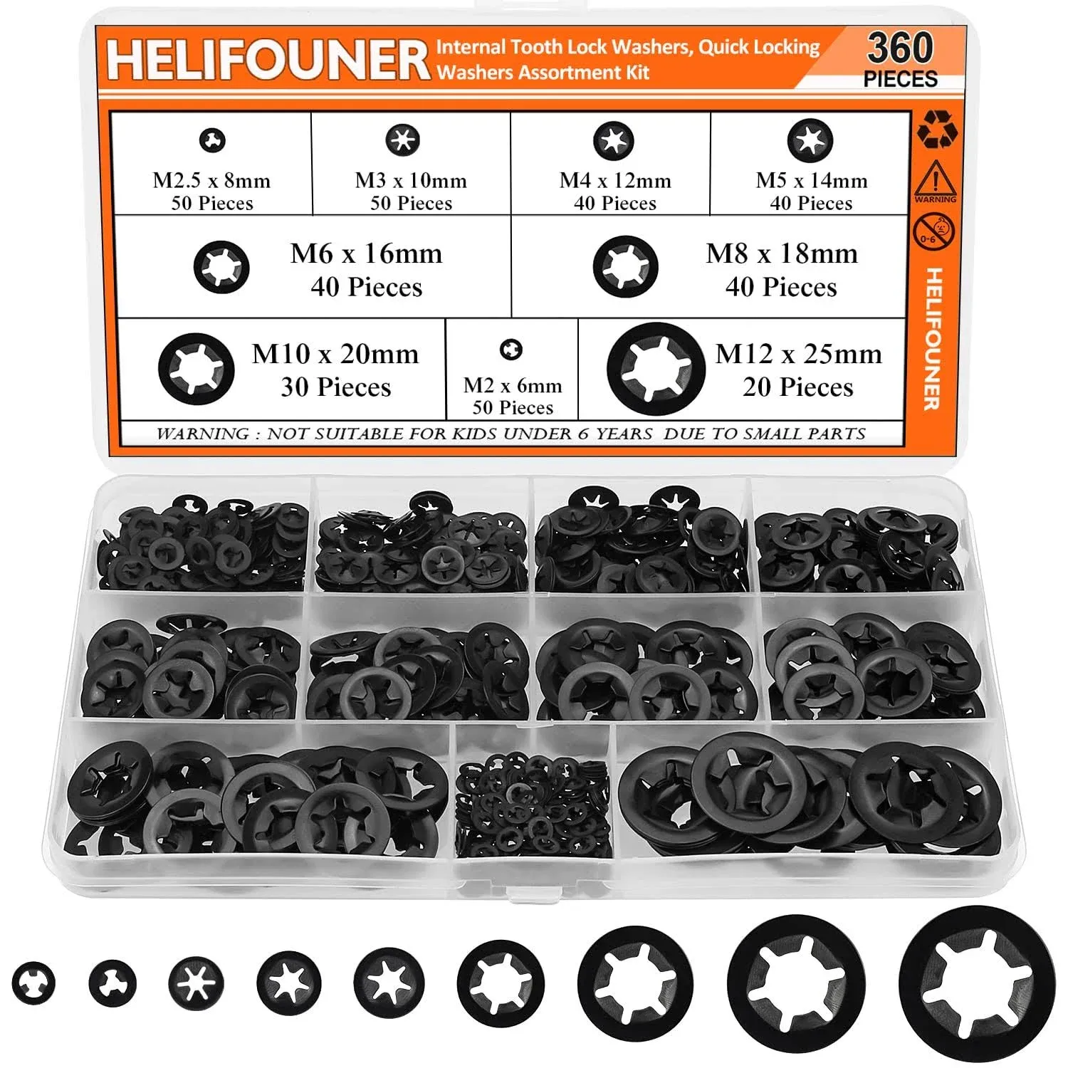 HELIFOUNER 360 Pieces 9 Sizes Internal Tooth Star Lock Washers, Quick Speed ...