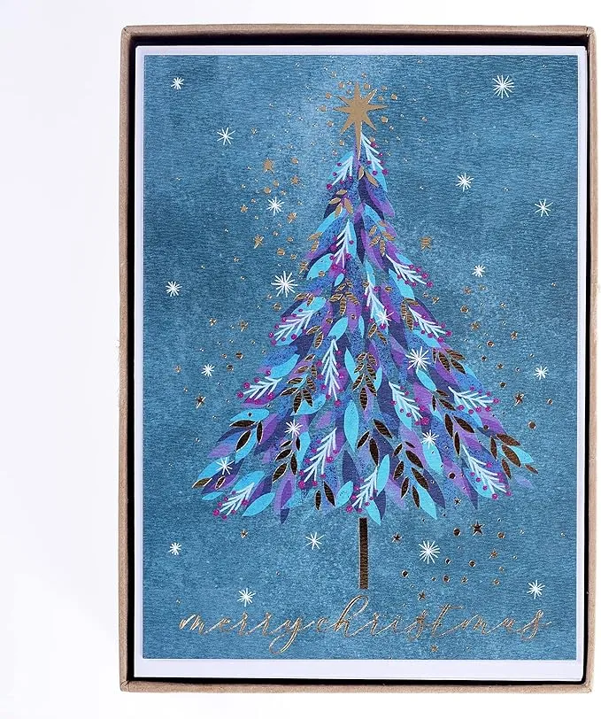 Graphique Gold and Purple Tree Holiday Cards - Pack of 15 Cards with Envelopes - Christmas Greetings - Gold Foil and Glitter Accents - Boxed Set - 4.75" x 6.625"