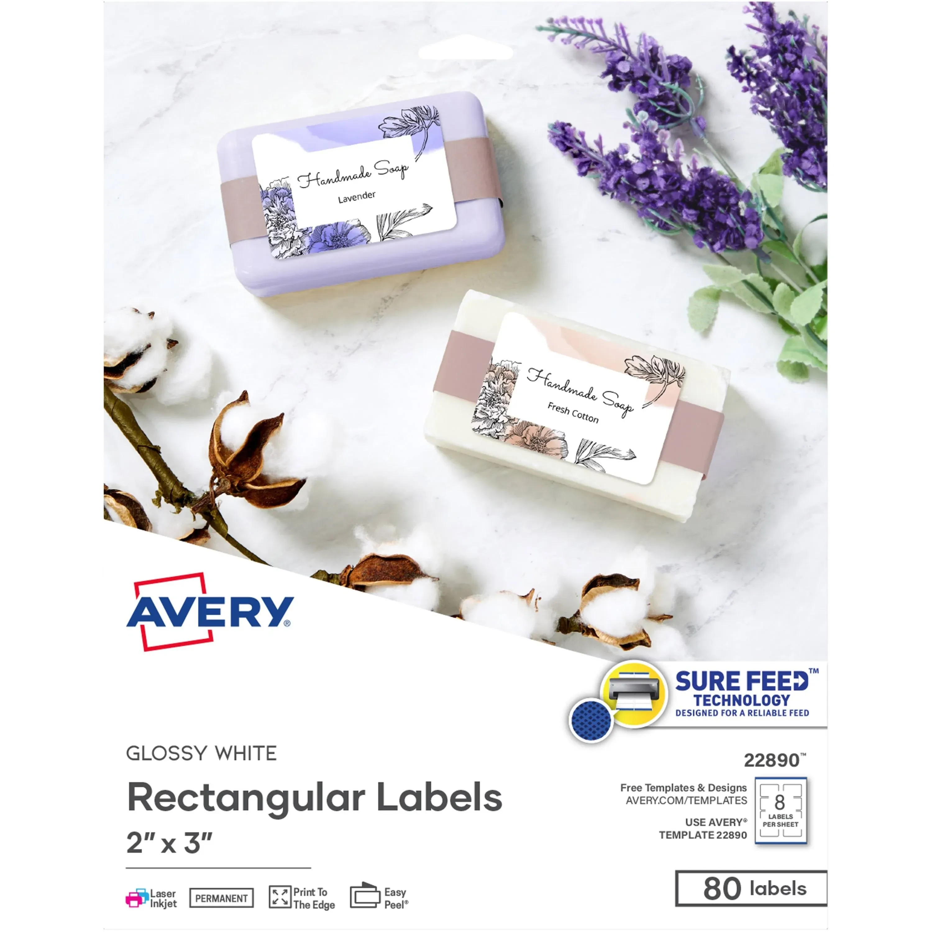 Glossy White Labels 2" 3" 80 Labels Avery 22890