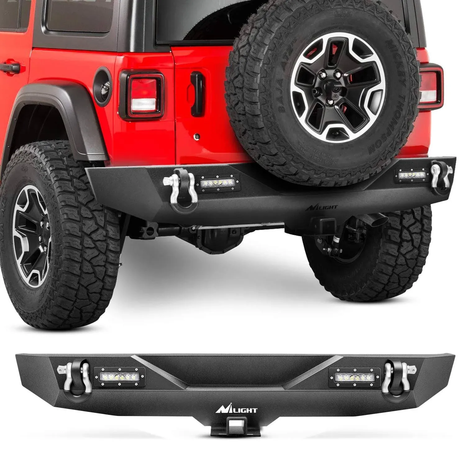 2018-2023 Jeep Wrangler JL Rear Bumper Rock Crawler Bumper with 2Pcs Hitch Receiver 2Pcs Upgraded 18W LED Lights D-Rings Textured Black