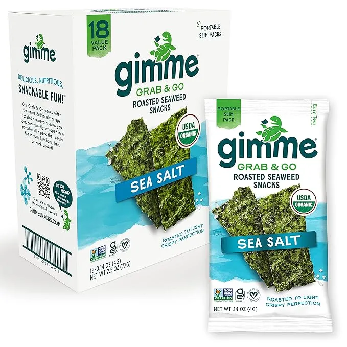 Gimme Seaweed Organic Roasted Seaweed Sheets Sea Salt Keto Vegan Gluten Free Great Source of Iodine and Omega 3’s Healthy OnTheGo Snack for Kids Adults, 18 Count Trayless