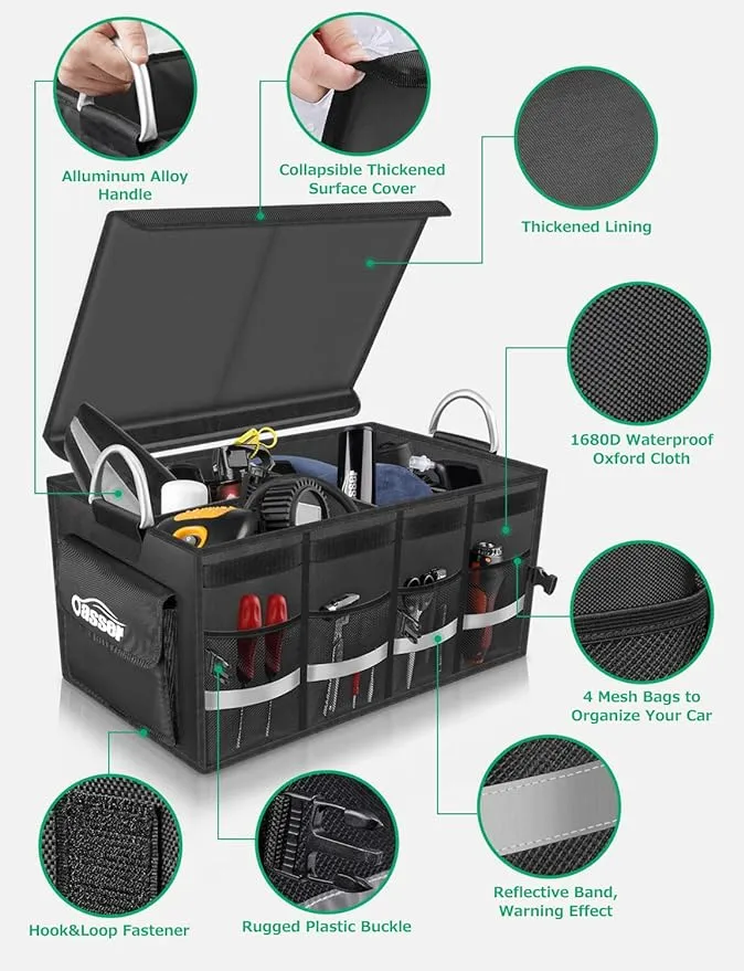 Oasser Trunk Organizer Cargo Organizer Trunk Storage Waterproof Collapsible Durable Multi Compartments with Foldable Cover Aluminium Alloy Handle Reflective Strip (Large, Black)