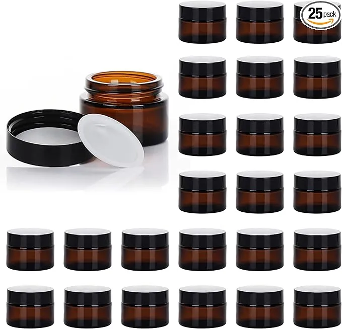 1oz Glass Jar with Lid, Hoa Kinh 25Pack Clear Round Containers Cosmetic Glass Jars with Inner Liners and Black Lids Travel Jars for Storing Lip and Body Scrub, Lotion, Body Butter, Bath Salts, Liquid