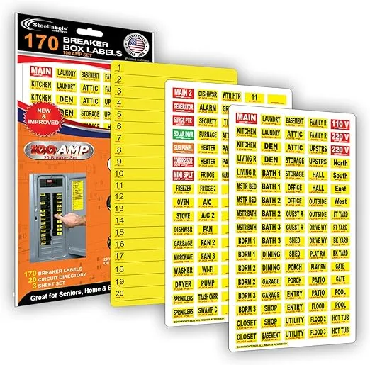 170 Circuit Breaker Decals - 100 AMP Set - Vinyl Labels for Breaker Panel Boxes