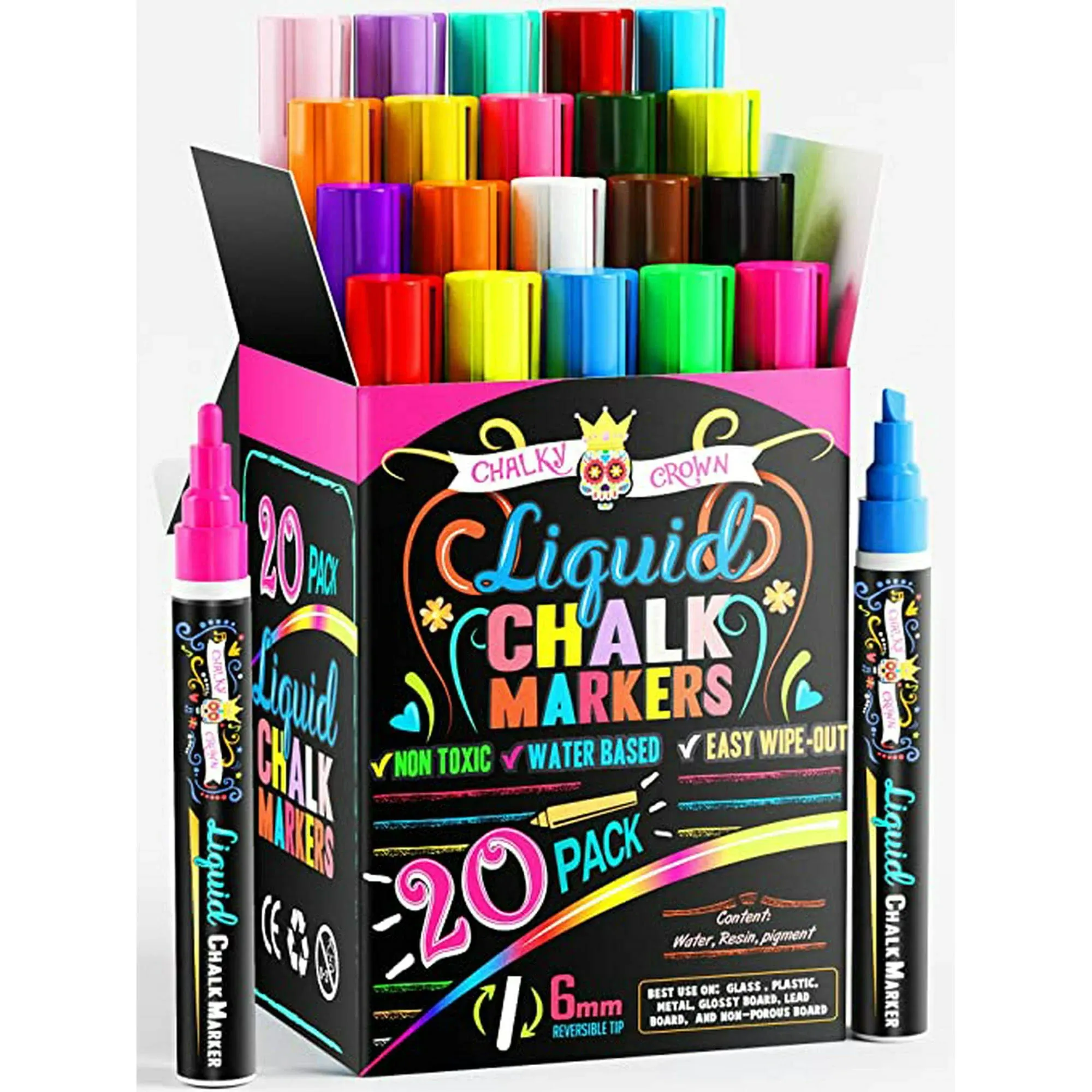 Bold Chalk Markers - Dry Erase Marker Pens - Liquid Chalk Markers for Chalkboards, Signs, Windows, Blackboard, Glass - Reversible Tip (20 Pack) - 24 Chalkboard Labels Included (Multicolored, 6mm)Bold Chalk Markers - Dry Erase Marker Pens - Liquid Chalk…