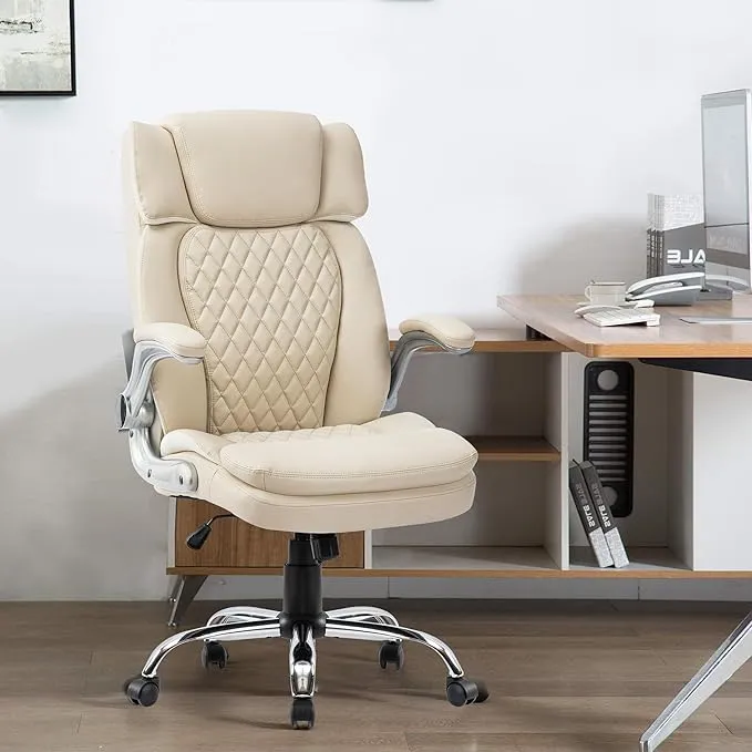 High Back Office Chair with Adjustable Arms, PU Leather Computer Executive Chairs Big Tall Swivel Ergonomic Adjustable Tilt Angle Wide Thick Seat Design for Back Pain (7012-Beige)