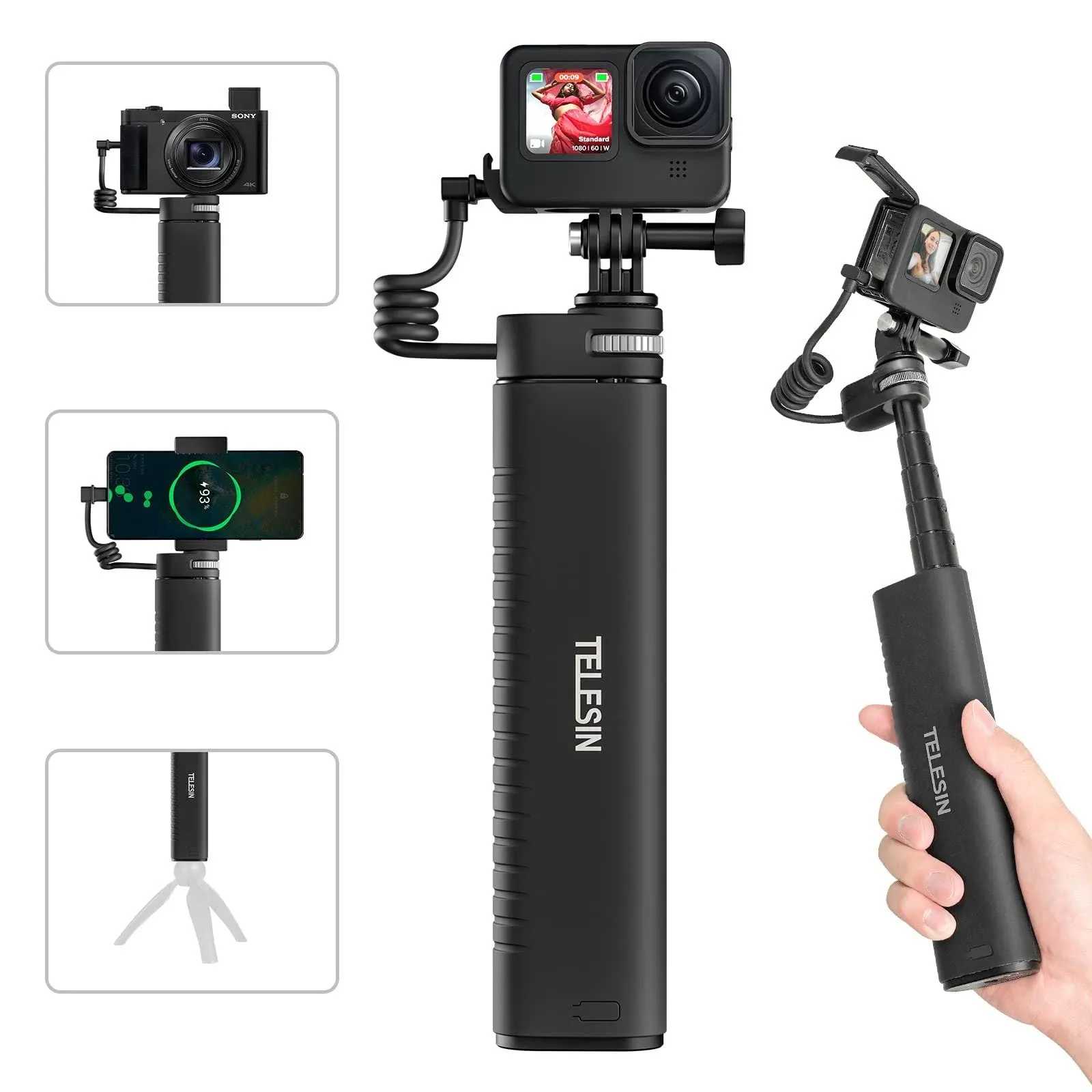 TELESIN Power Grip 35.4" Extension Selfie Stick Handler for Phone GoPro ...