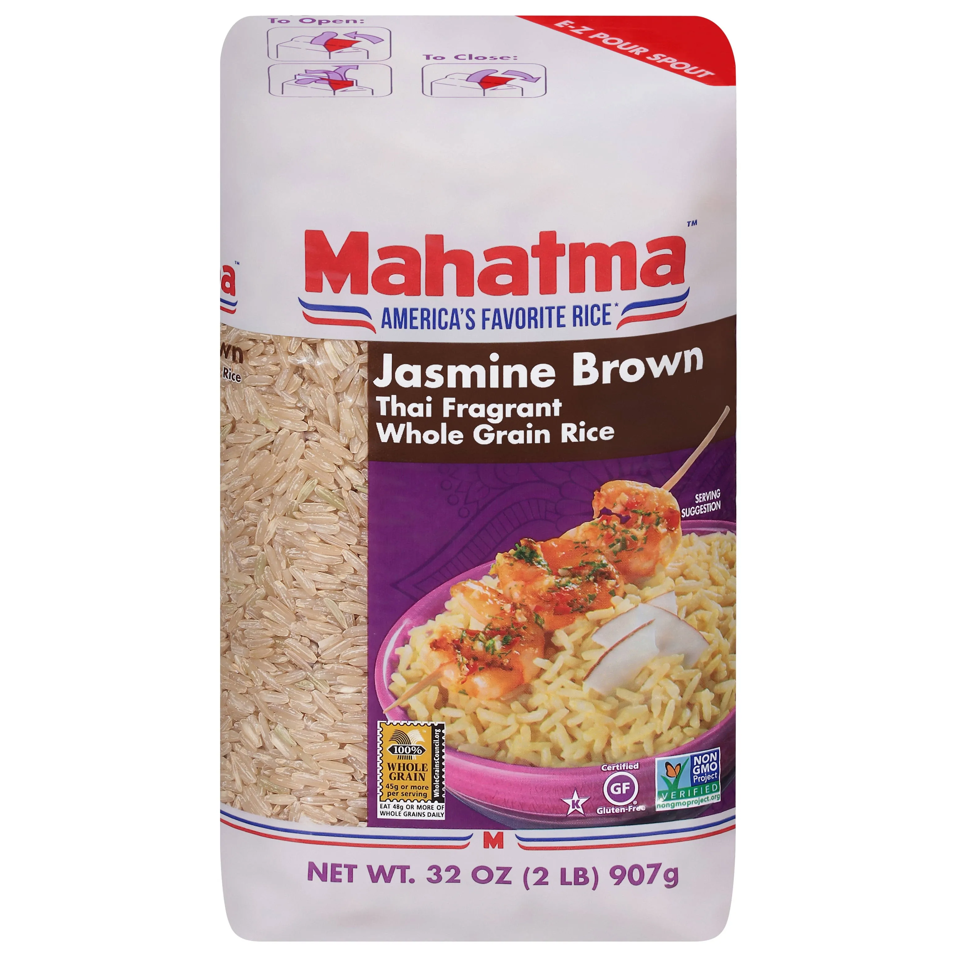 Mahatma Brown Jasmine Rice Bag 2lb, Brown Thai Jasmine Rice, Microwave Rice in 20 Minutes or Cook on Stovetop in 30 Minutes