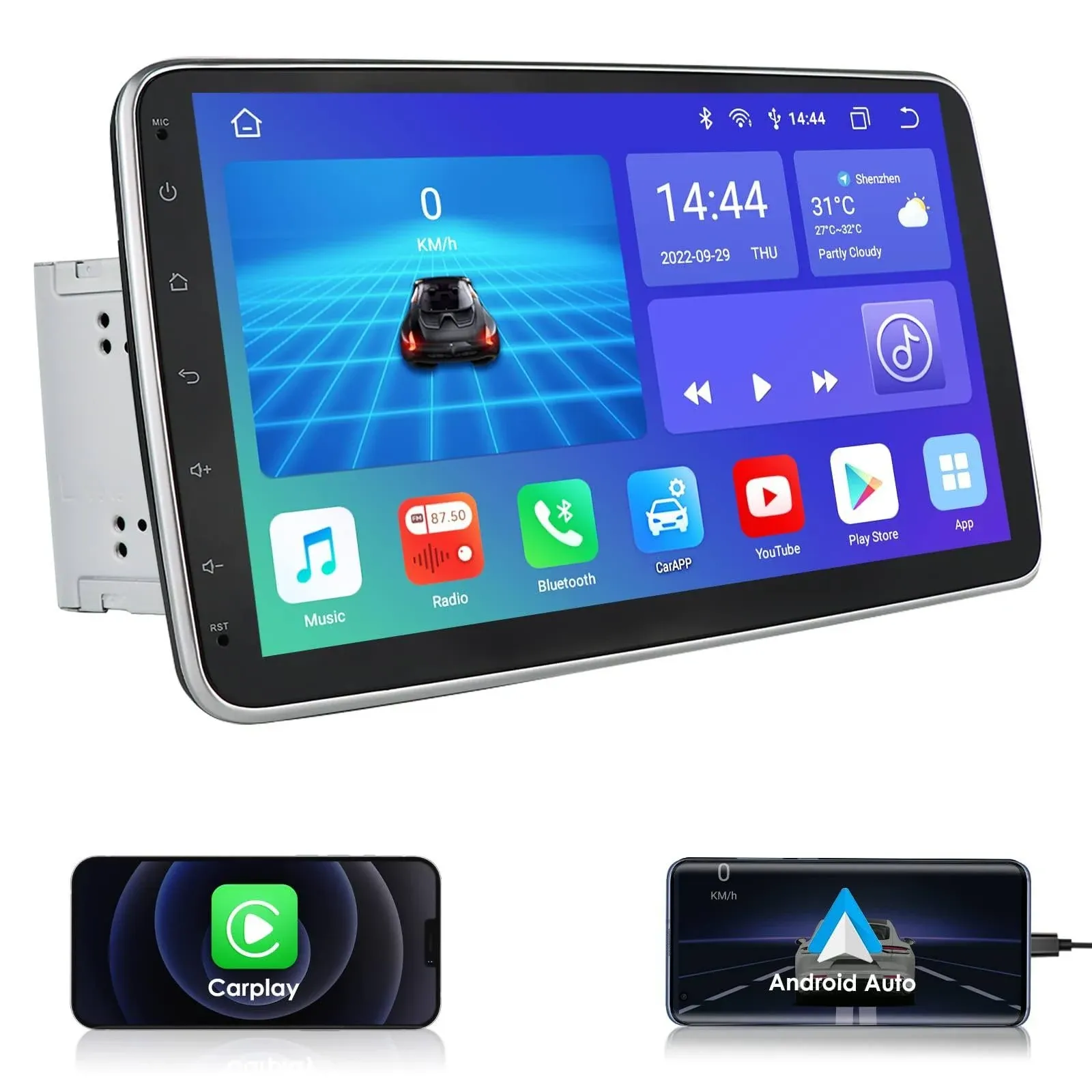 2DIN Rotatable 10.1&#039;&#039; Android 12 Octa Core Car Stereo Radio GPS Wifi DSP Weather