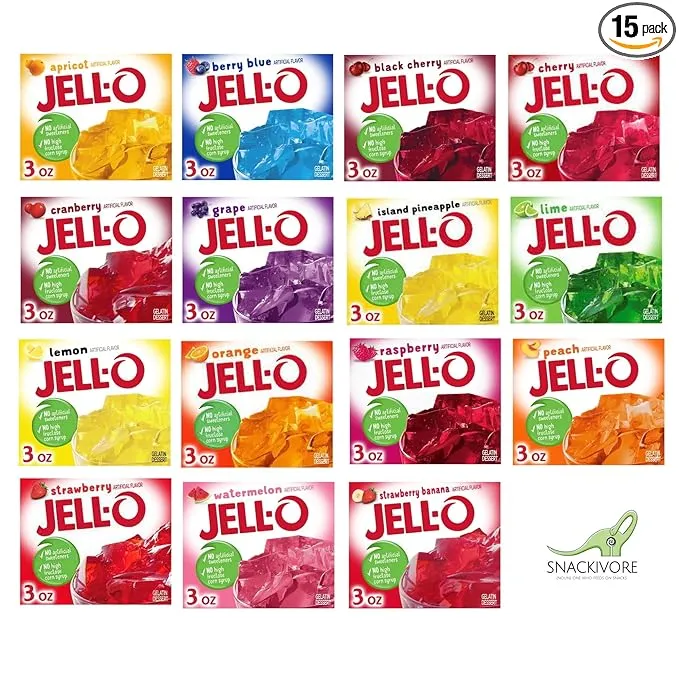 Jello Gelatin Variety Pack, 15 Flavors, 3oz per Flavor Jello Mix by Snackivore.