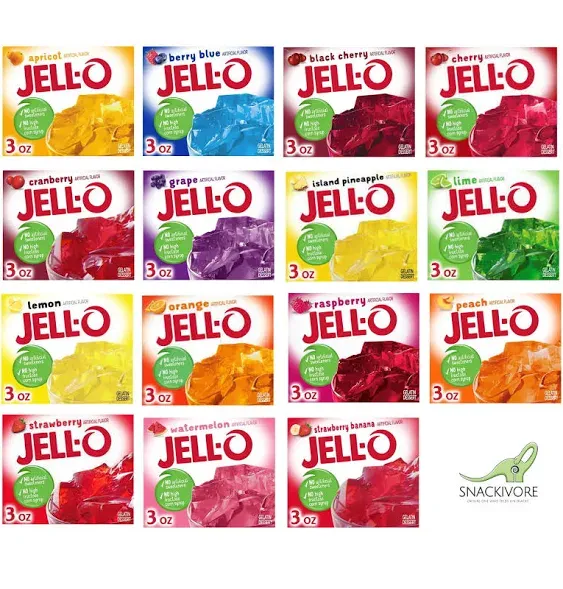 Jello Gelatin Variety Pack, 15 Flavors, 3oz per Flavor Jello Mix by Snackivore.