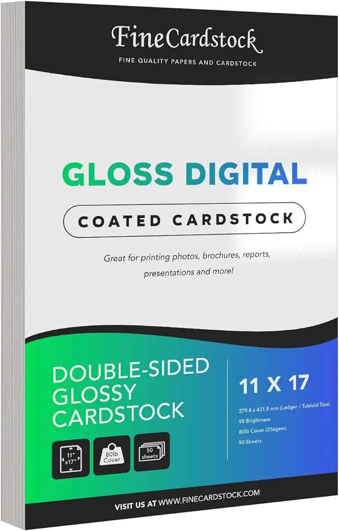 Double-Sided Heavyweight Gloss Digital C2S Cardstock – Perfect for Color Laser Printing, Flyers, Brochures, Photos | 8.5" x 11" | 100lb Cover | Acid Free, Glossy Coated on Both Sides | 50 Sheets