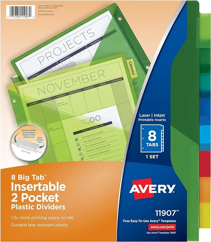 Avery Dividers for 3 Ring Binders, 8 Tab Binder Dividers, Two-Pocket Plastic Binder Dividers, Insertable Big Tabs, Multicolor, Works with Sheet Protectors, 1 Set (11907)