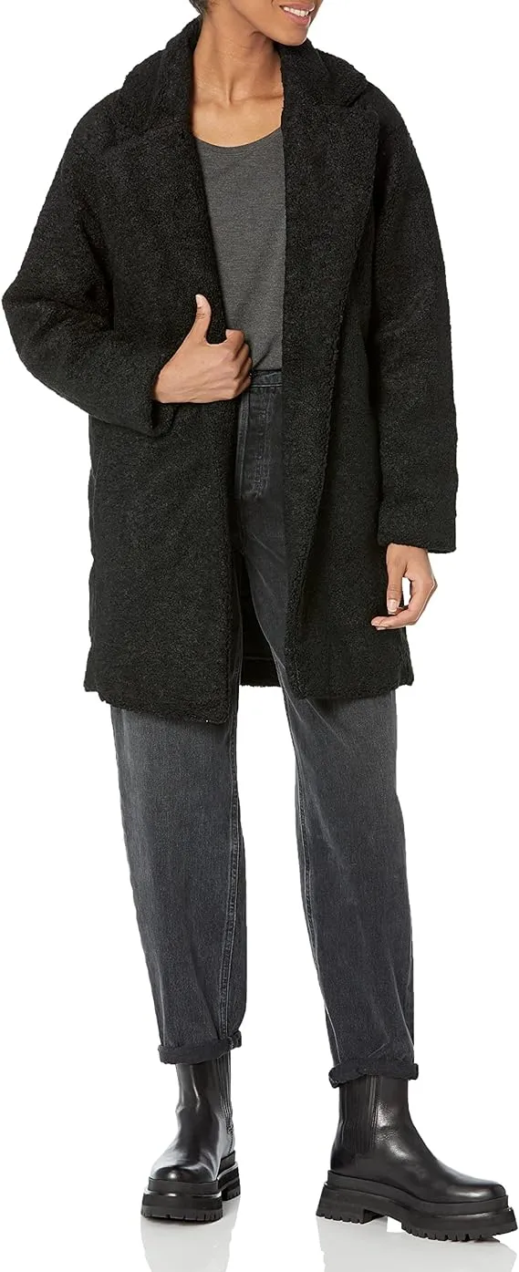 Daily Ritual Women&#039;s Teddy Bear Fleece Oversized-Fit Lapel Coat Black Medium