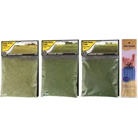 Woodland Scenics Static Grass, Light Green, Medium Green, and Dark Green, 4mm (Pack of 3) - with Make Your Day Paintbrushes