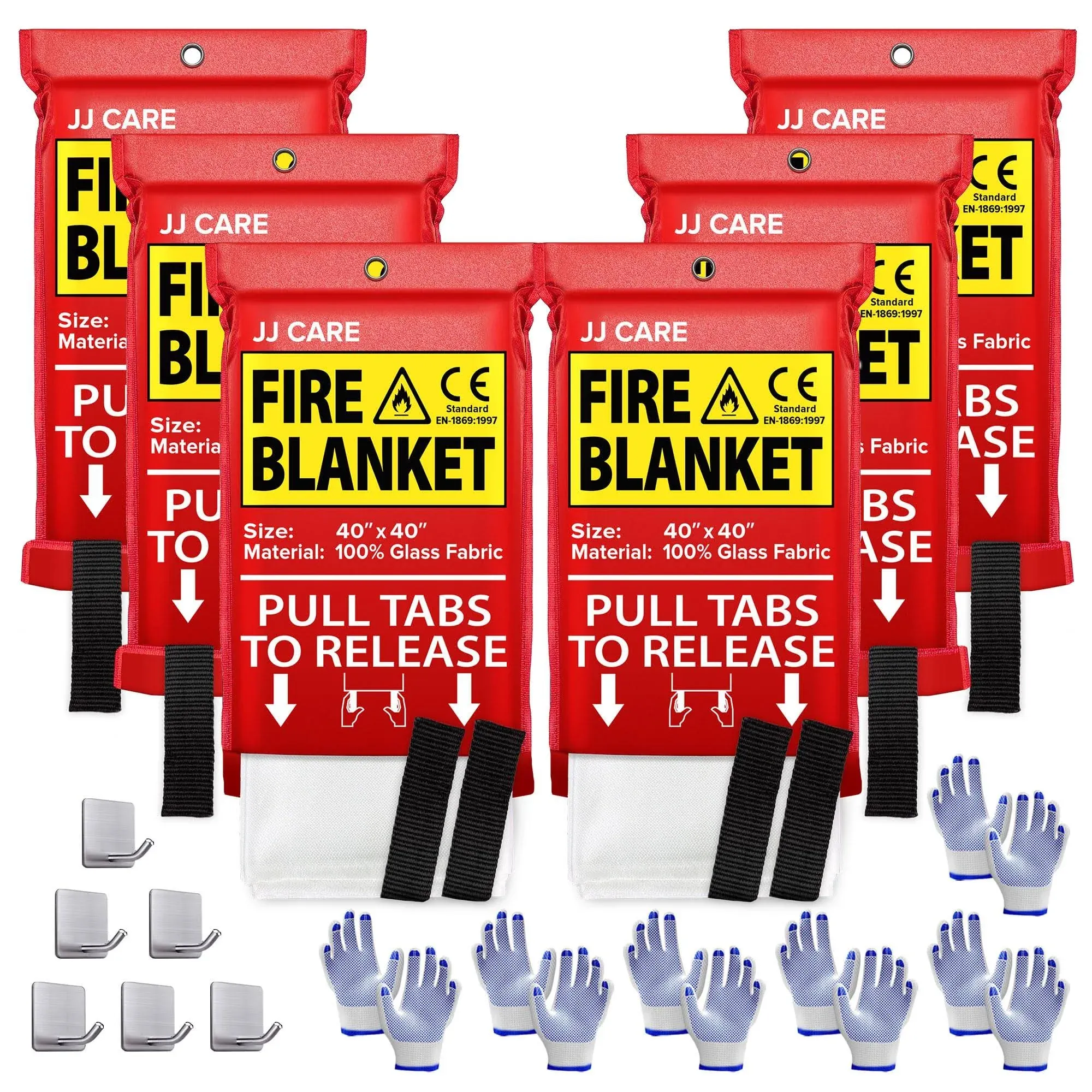 JJ CARE Fire Blanket – 6 Packs with Hooks and Gloves – Emergency Fire Blanket for Home & Kitchen, High Heat Resistant Fire Suppression Blankets for Home Safety, Kitchen, and Camping