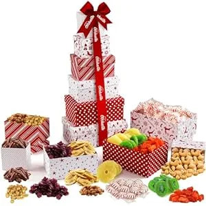 Christmas Gift Basket with Fresh Nuts & Snacks, Gourmet Cravings Indulgence - 6 Tier Food Basket Gift Set, Great Christmas Gift Present for Men & Women.