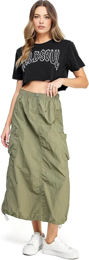 Love Tree Women's Juniors Nylon Parachute Cargo Maxi Skirt (Light Olive, Large)